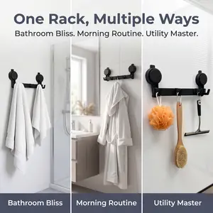 Damage Free Renter Friendly No Drill 5-Hook Bathroom Shower Rack, Super Strong Vacuum Suction, Waterproof Rustproof Heavy Duty Hook for Towel Bath Robe, No Screws Easy Install Reusable Bath Storage Organizer for Smooth Tile Glass Bathroom Wall