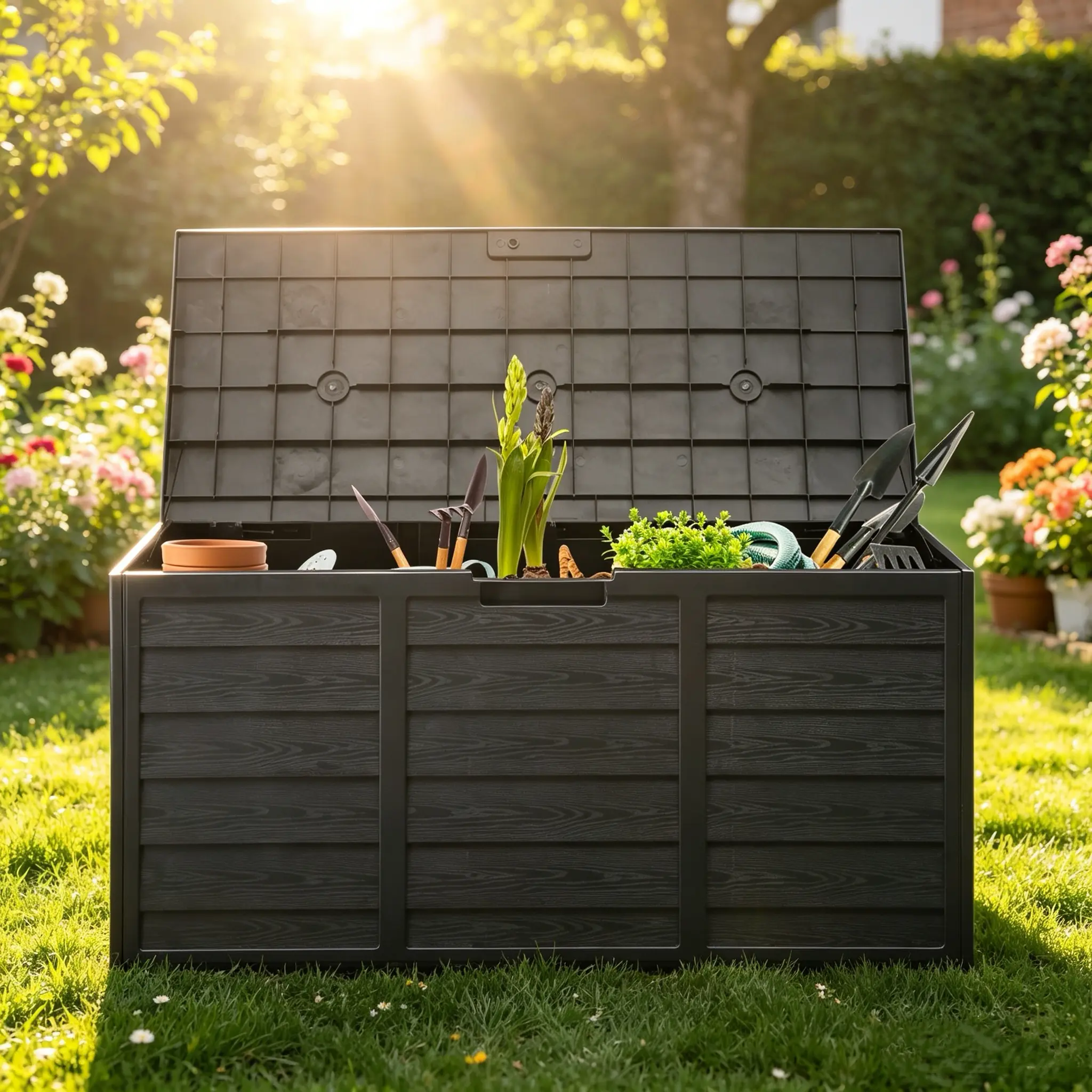 Armless Rectangle Outdoor Deck Storage Bench - Polyresin Weatherproof Slatted Furniture with Wheels, Safety Lock, 75-Gal Capacity, 44" L x 21.3" W x 19.3" H, 15.4 lbs for Gardens, Patio Cushions, Durable