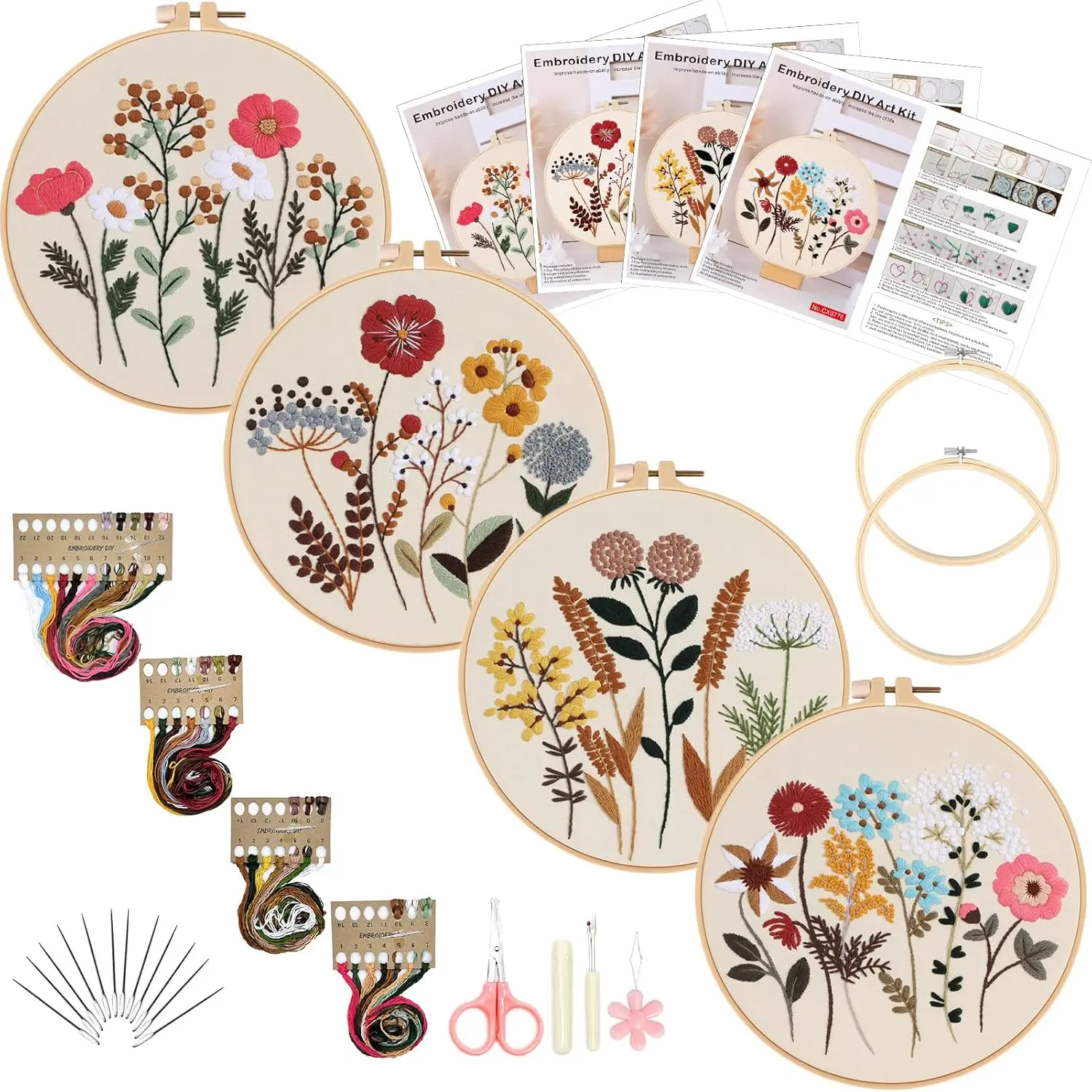 4 pack Embroidery Kit for Beginners with Instructions, 4 Pack Cross Stitch Kits, 2 Wooden Embroidery Hoops, Threads and Needles, Needlepoint Kit Cross Stitch Kits for Adults