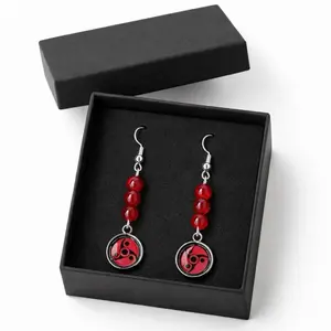 Anime-Inspired Red Bead Drop Earrings with Unique Symbol Design Gift Box Included Perfect for Fans