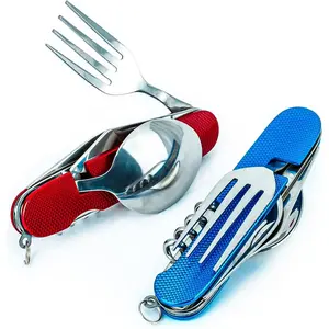 6-in-1 Multi-Function Camping Utensil Flatware Set Detachable Spoon Fork Knife Combo Mess Kit with Carrying Pouch (Blue + Red)