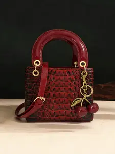 Crocodile Texture Handbag PU Leather Wine Composite Shoulder Bag, Glossy Women's Purse, Cherry Charm Versatile Geometric Pattern