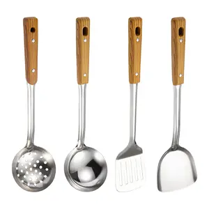 4 Piece Wok Utensils Set Stainless Steel Wok Spatula Ladle Soup with Holes Strainer Slotted Spoon for Kitchen Supplies Metal Cooking Utensils