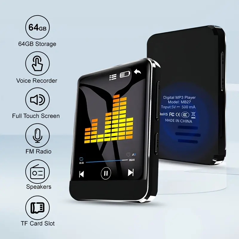 64GB Portable MP3 Player - Compact Stylish Design, Full Touchscreen, HD Speaker, Noise-Canceling Function, SD Card Compatible for Travel, Sports