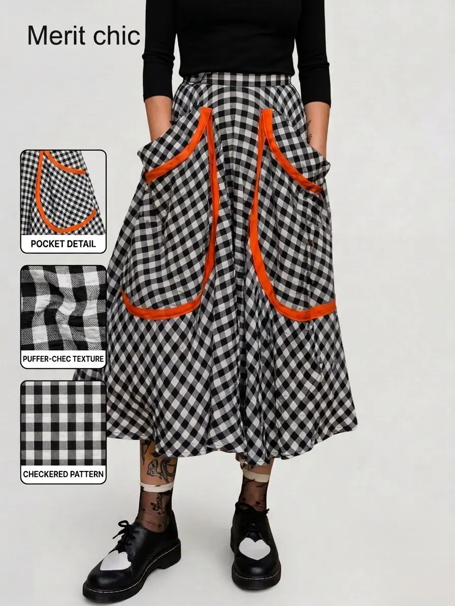 Women's Vintage Checkered Polyester Midi Skirt - Casual Bottom Clothes with Oversized Pockets, Ideal for Outfits Inspo