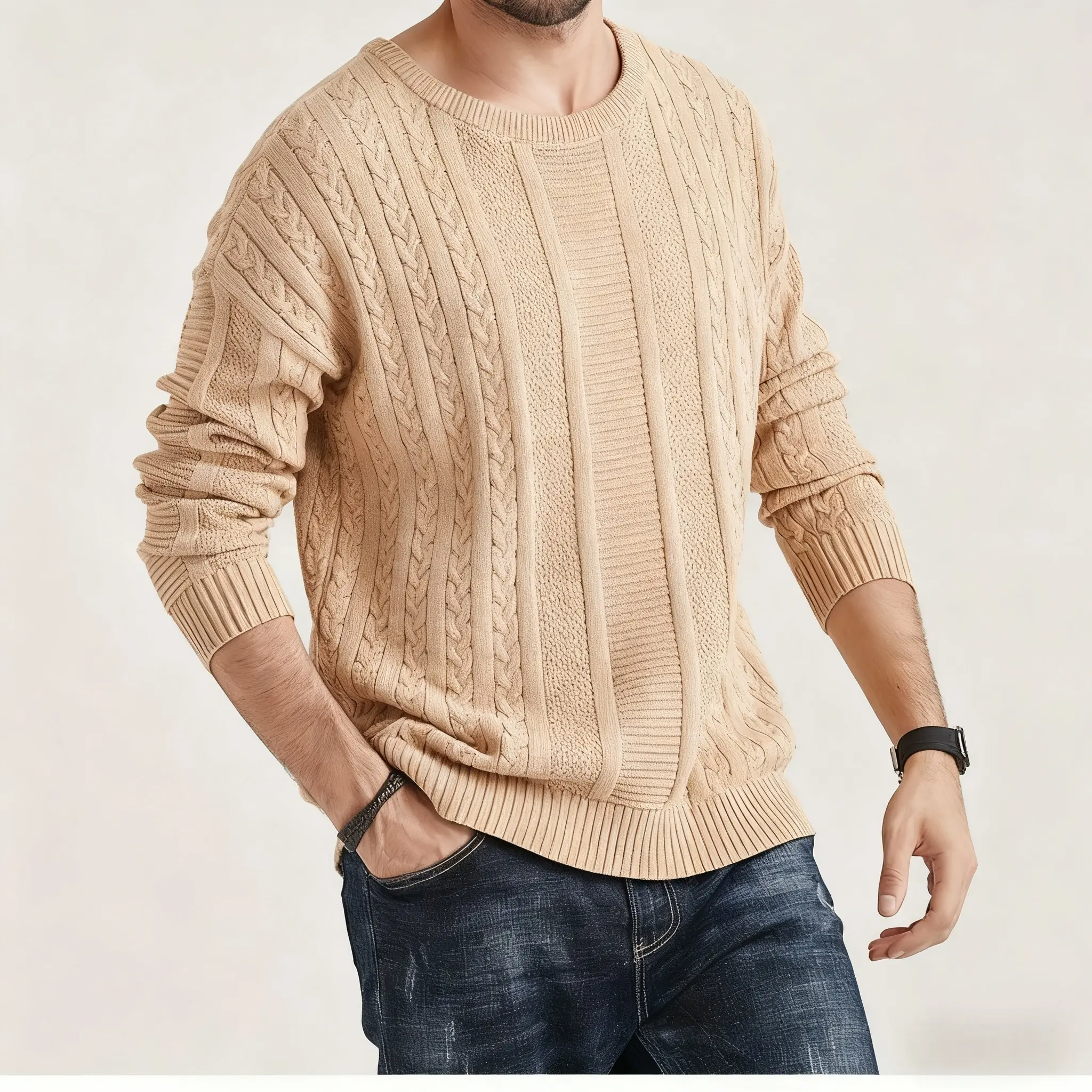 Men's Khaki Vintage Cable Knit Sweater - Casual Fitted Long Sleeve Crew Neck Textured Retro Pull-On Tops, Soft Polyester Fabric Knitwear, Machine Washable Classic Menswear