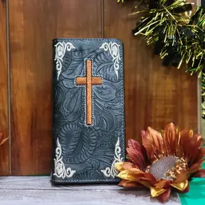 Cross Western wallet Cowboy wallet Religious wallet embossed look embroidered faux leather long checkbook bifold wallet