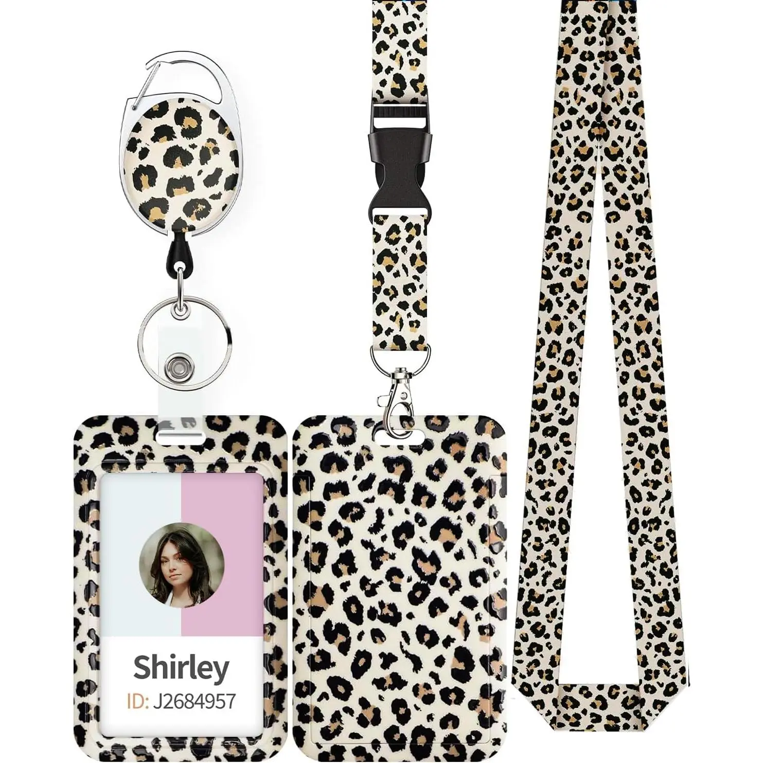 Fashionable Sliding Badge Holder Leopard Print Plastic Case with Retractable Badge Reel Carabiner Clip & Detachable Lanyard Strap Vertical Card Protector for Worker Nurse Teacher Student