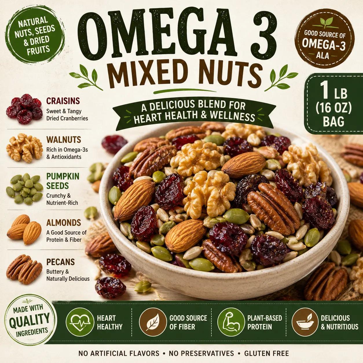 Rich & Richers Omega-3 Mixed Nuts & Dried Fruit Trail Mix | 8oz & 1lb Bags | Heart-Healthy Natural Walnuts, Almonds, Seeds & Cranberries