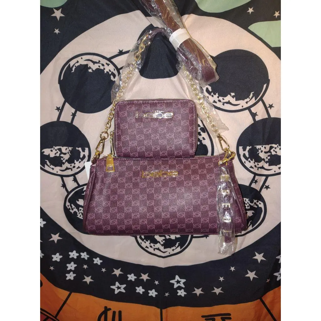Bebe Checkered Handbag & Matching Wallet Set with Gold Chain Strap, Maroon