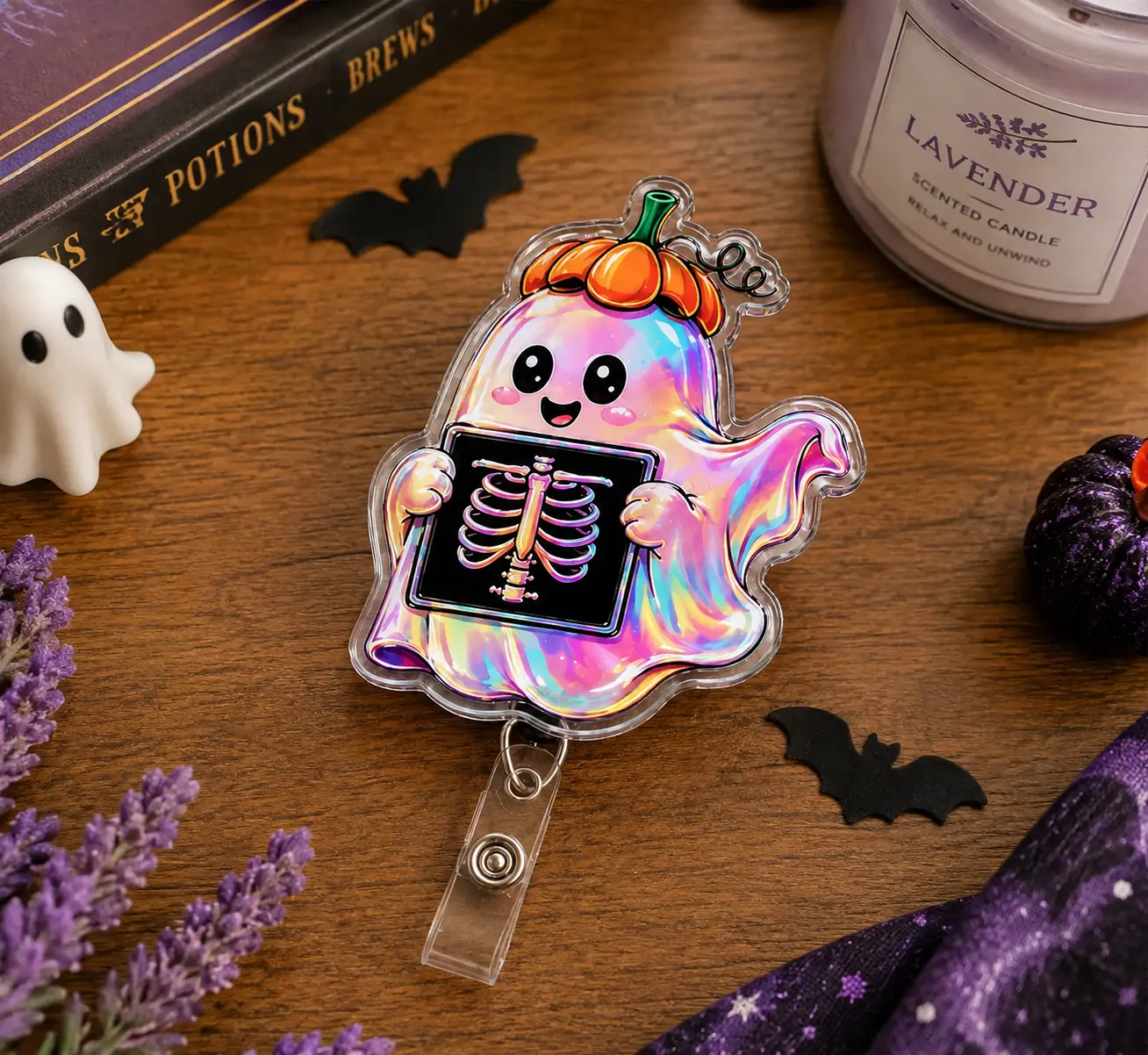 Pumpkin Ghost Chest X-Ray Badge Reel, Holographic Halloween Acrylic Badge Holder with Retractable Clip for Rad Techs and Nurses