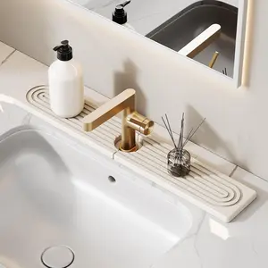 24 Inch Stone Faucet Mat for Kitchen Sink Splash Guard - Diatomite Quick Dry Stone Mat Kitchen Sink Protectors, Water-Absorbent Faucet Handle Drip Catcher Tray with Drainage(White, 23.6" x 3.9")