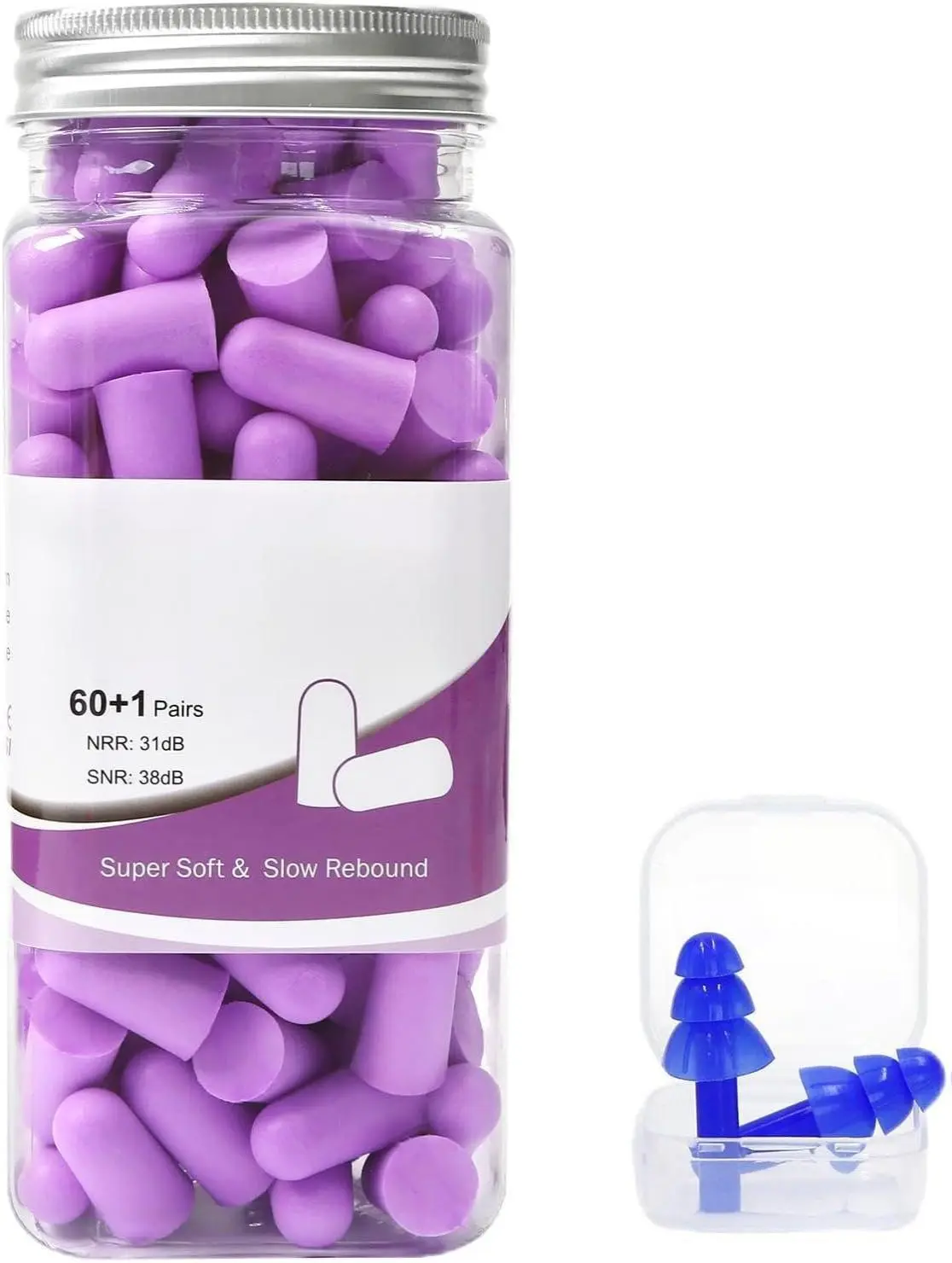 LYSIAN Ultra Soft Foam Earplugs Sleep - 38dB SNR Noise Cancelling Ear Plugs for Sleeping, Shooting, Snoring, Work Loud Sound Reduction- 60 Pairs Valued Pack,Purple