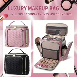 Women's makeup bag, handheld makeup bag, multi-pocket cosmetic storage bag, dry and wet separate toiletries bag, large capacity travel toiletries multifunctional bag, pink and black makeup bag