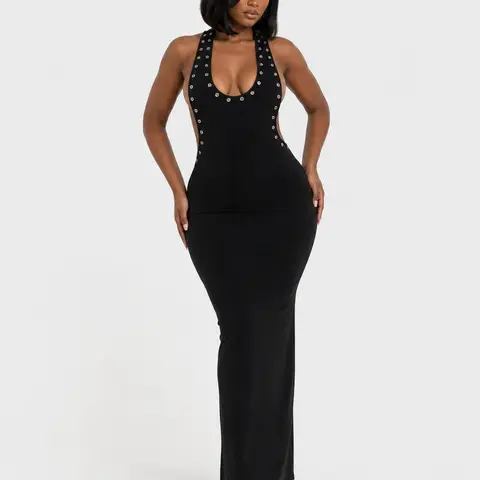 Sculpt Touch Women's Eyelet Detail Scoop Neck Maxi Dress Sleeveless Backless Bodycon Evening Party Dress