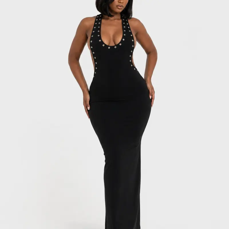 Sculpt Touch Women's Eyelet Detail Scoop Neck Maxi Dress Sleeveless Backless Bodycon Evening Party Dress
