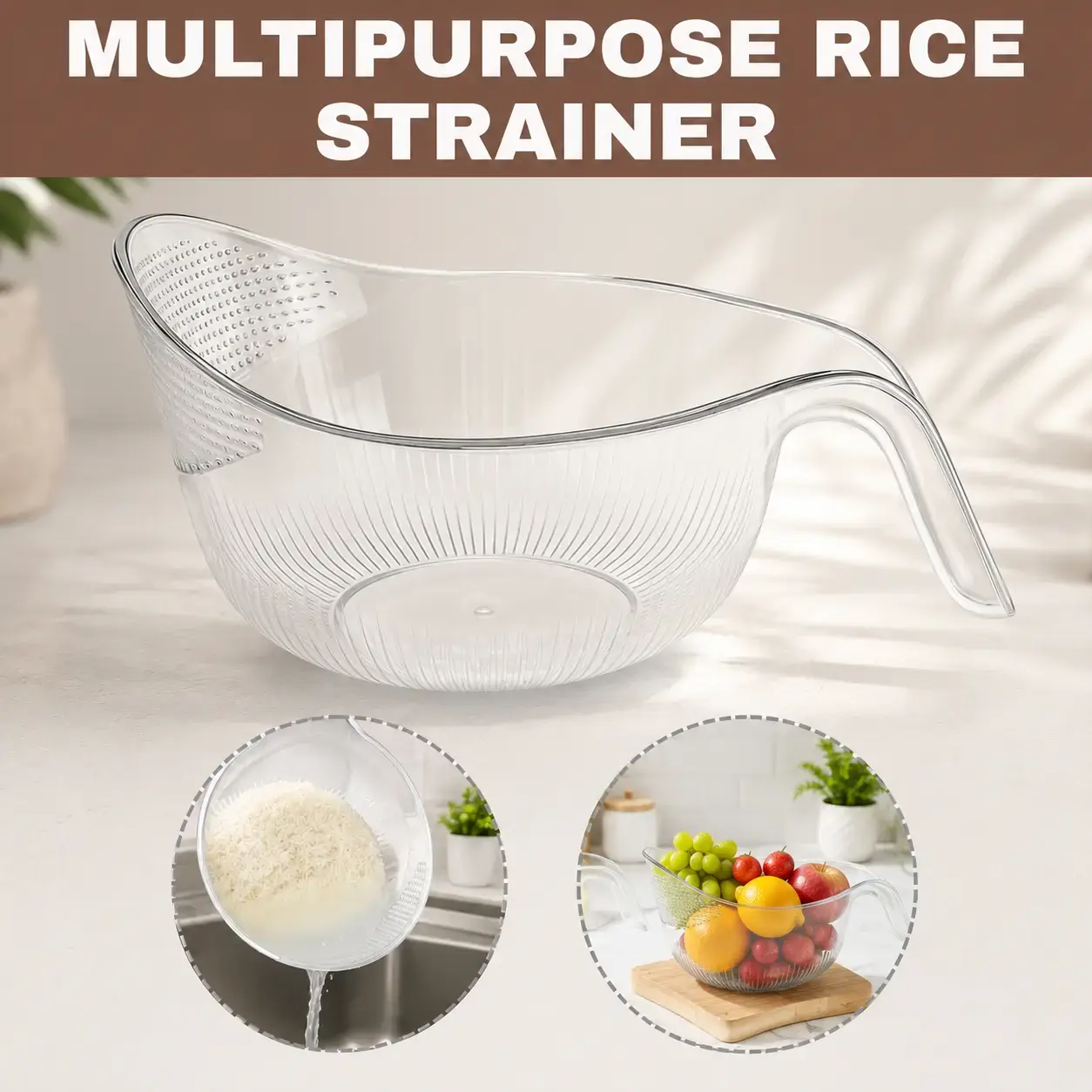 Aesthetic Multifunctional Rice Strainer with Handle - Sturdy BPA-Free Transparent Plastic Kitchen Utensils, Colander for Draining Vegetables, Fruits, Cheese, Coffee Dispenser Set