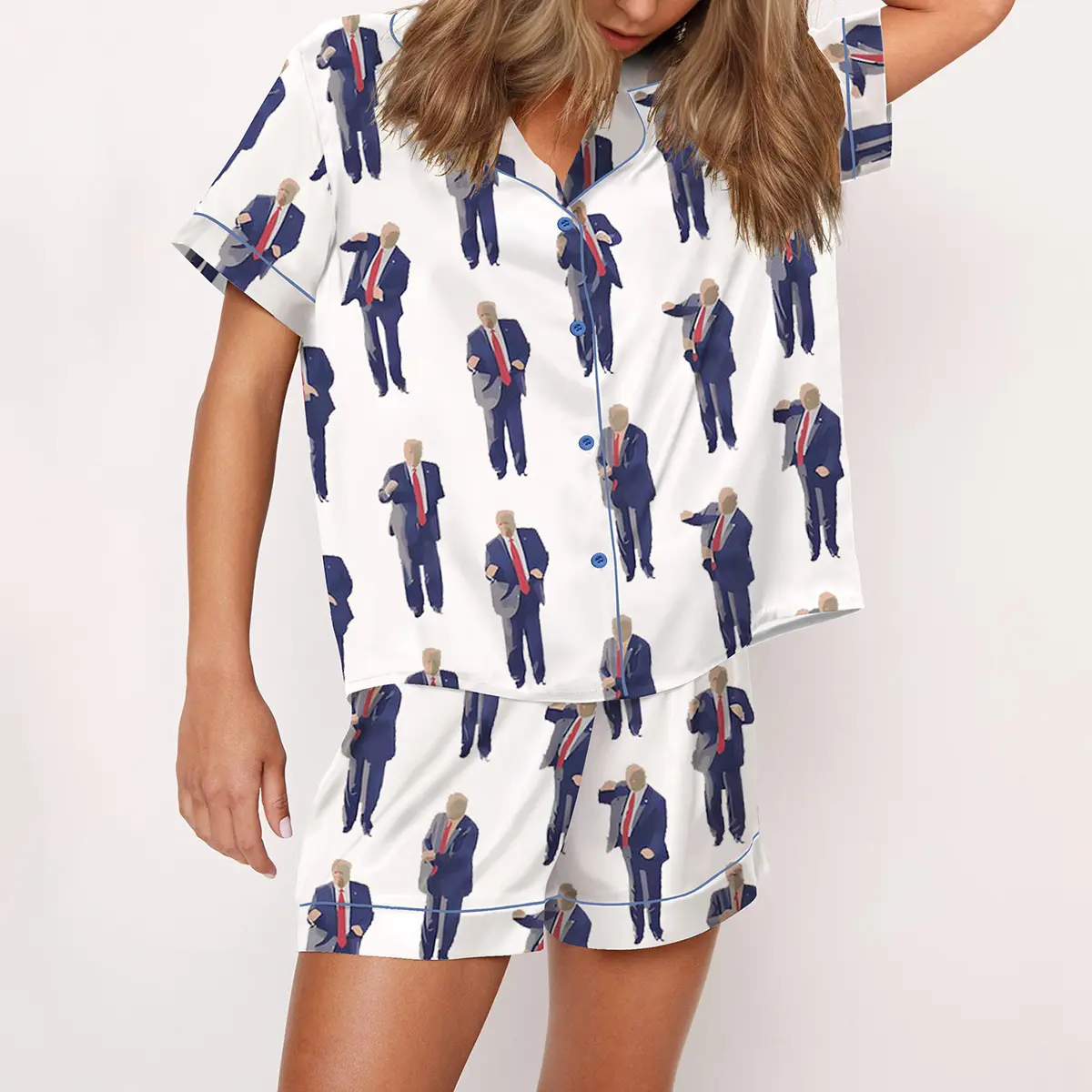 Donald Trump Satin Pajama Set For Women Print Comfy Satin Sleepwear & Loungewear Pjs Printing Silky Top & Bottoms - SHESHOW