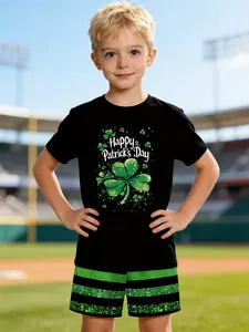 Kids' St. Patrick's Day Outfit, "Happy St. Patrick's Day" Glitter Clover Print T-shirt & Shorts Set