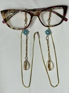 Evil Eye Charm & Cowrie Shell Cuban Chain for Eyewear 18k Gold Plated Spiritual Protection Stylish Accessory