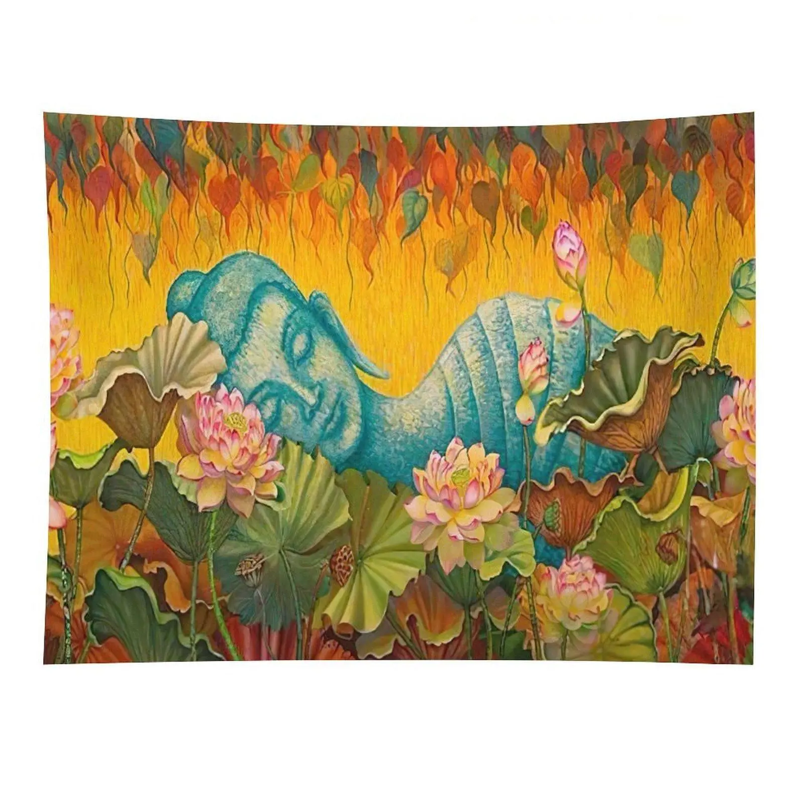 Sleeping Buddha Lotus Garden Tapestry Zen Meditation Spiritual Wall Hanging Decor