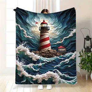 Ocean Waves & Lighthouse Flannel Throw Blanket - Reversible All-Season Soft Bedspread With Nautical Lighthouse & Wave Patterns, White French Coastal Bedspread Couch, Bed, Travel - Cozy Nautical S &