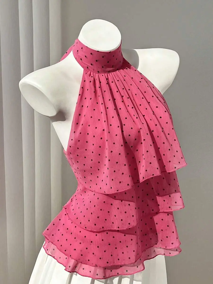 Women's Spring/Summer Casual Vacation Style Ruffle Patchwork 4-Layer Chiffon Polka Dot Print Fabric Elegant Slimming Ruched Fitted Beach Tie-Up Blouse