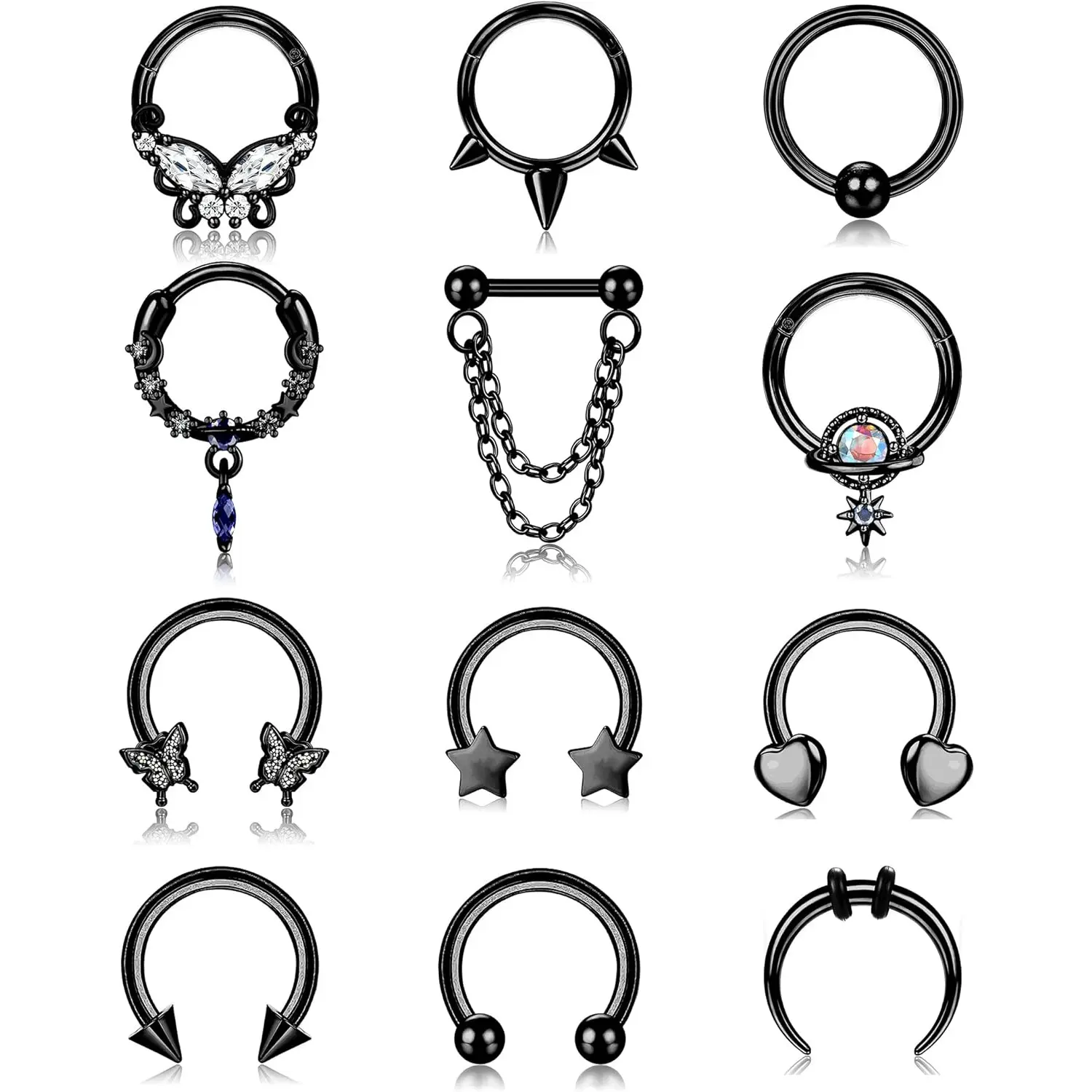FIASASO 16G Unisex Surgical Steel Hinged Septum Ring, Dangle Nose Ring Jewelry with Star/Heart/Horseshoe Designs for Daith, Tragus, Helix, Cartilage Piercings