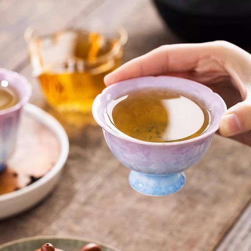 T15. Gradient Purple Crystal Glaze High-Foot Tea Cup | Cute Personalized Kung Fu Tea Bowl for Women