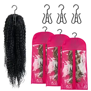 3pcs Premium Wig Storage Bags with Sturdy Metal Hangers - Black Transparent Design for Multiple Wigs & Hair Extensions