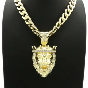 MaxBling81 Unisex King Crowned Lion Head Hip Hop Style Gold Plated Necklace Iced Cubic Zirconia Pendant with 10mm Cuban Chain (18" 20" 24" 30") Fashion Costume Jewelry Accessory