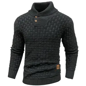Kaviana Men's 3D waffle lapel button-up warm Pullover sweater, suitable for business wear, daily casual wear and parties Beige Brown Classic Knitwear