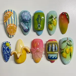 Lemon Citrus Summer Press-On Nails | Fruit & Tile Nail Art | Colorful Vacation Press Ons | Summer Garden Design | Unique Nail Set
