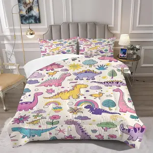 2/3Pcs Cute Dinosaur Comforter Set, Whimsical Cartoon Bedding Set with Soft Pastel Colors, Adorable Prehistoric Creatures and Nature Elements, Perfect for Kid's Bedroom Decor, Soft and Cozy Design 1 or 2 Pillowcase No Pillow Core