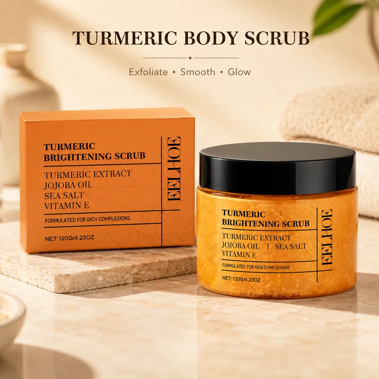 Turmeric Scrub Body Brightening for Hyperpigmentation and Exfoliation whit Sea Salt Vitamin E Moisturizing Handmade Plant Based Cleanser