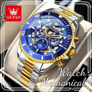 OLEVS 6715 Men's Automatic Mechanical Watch, Luxury Hollow Skeleton Dial, Two-Tone Stainless Steel, Waterproof Luminous Business Dress Wristwatch