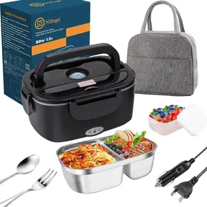 Nifogo Car Electric Lunch Box 1.8L Stainless Steel Liner 80W Fast Heating Display Screen 12V24V110V Car Home Office Portable Heated Black Square Lunch Box