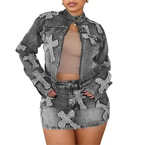 Saledress Outfits Outfits 2 Piece Denim Skirt Set for Women Y2K Long Sleeve Zipper Jean Jacket Top Mini Skirt Bodycon Set Two Piece Outfits Matching Casual