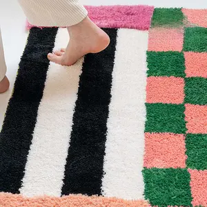 Abstract wave pattern plush floor mat, flocked tufted carpet, bathroom entrance doormat, water-absorbent, non-slip, for home use in the bedroom