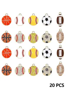20pcs Sports Theme Enamel Pendants Set, Basketball & Baseball Shaped Charms, Rhinestone Sport Themed Jewelry for Necklaces, Bracelets, Earrings DIY