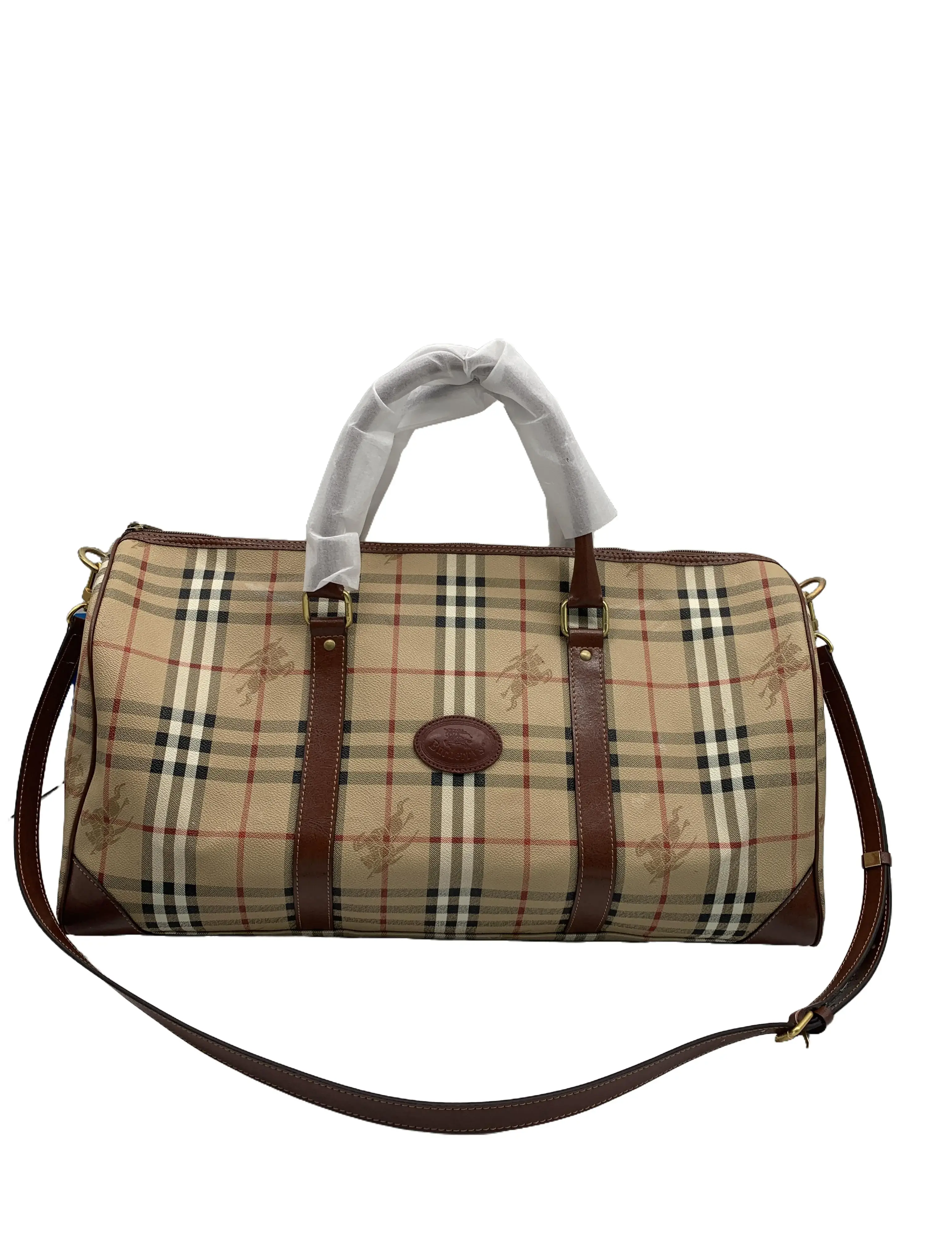 Pre-owned BURBERRY Vintage Check Brown‑Trim Duffle Handbag Crossbody Bag/EE07910007/0007