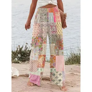 Women's Bohemian High Waist Elastic Wide Leg Pants, Patch Printed Checkered Loose Oversized Four Seasons Beach Vacation Bottoms