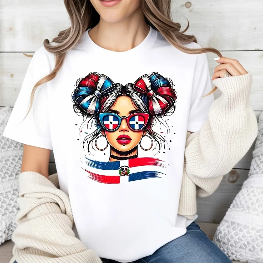 Women's Crew Neck Graphic T-Shirt, Patriotic Dominican Flag Girl Print, Oversized Heavyweight Cotton Tee for Summer Festivals, Gift for Dominican Women, Sizes S-3XL, Casual, Do Not Bleach, Hang Dry, Loose-Fitting