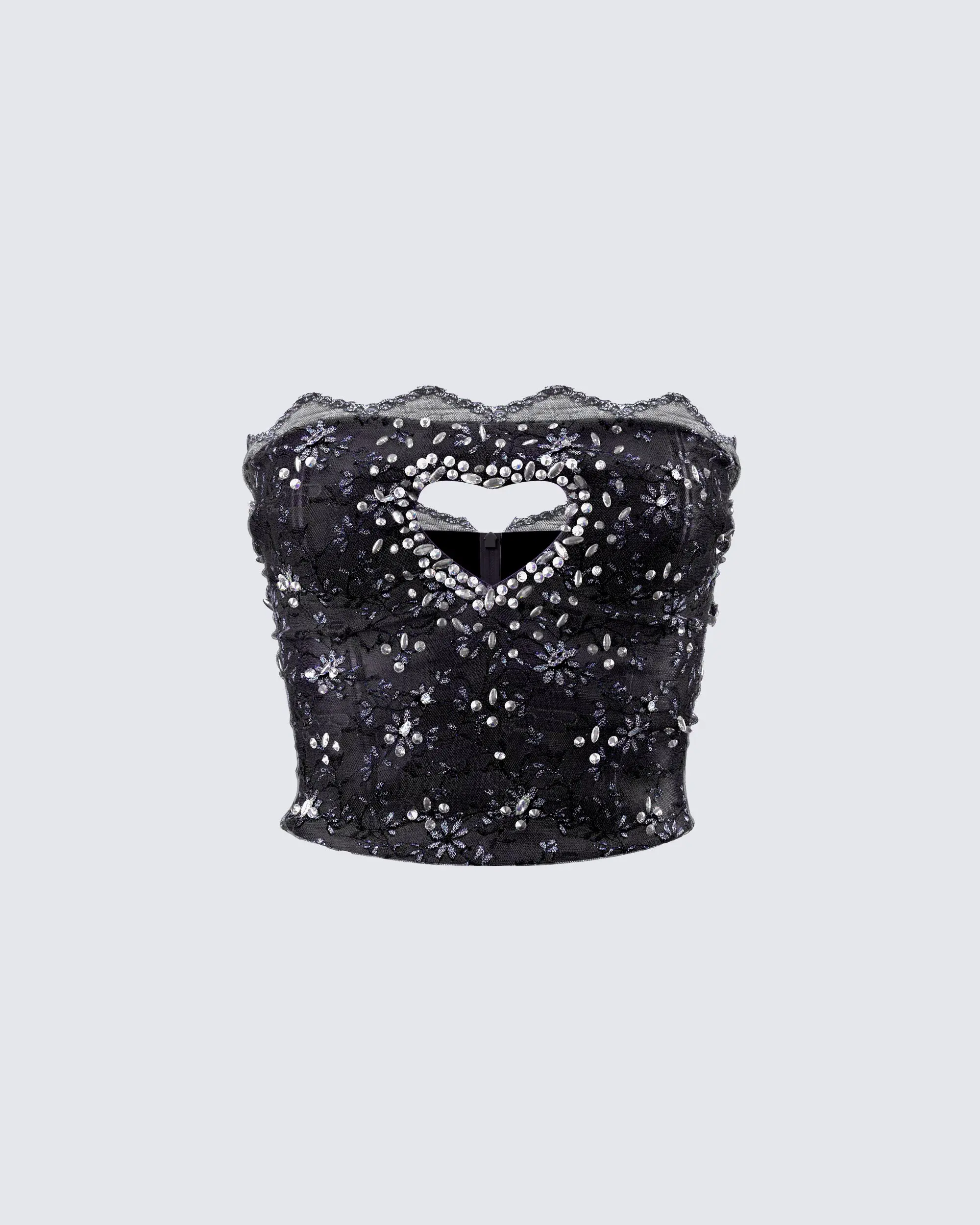 Women's Strapless Polyester Bustier Top - Hand-Beaded Rhinestone, Heart & Floral Accents, Black Corset Tank, Cutout