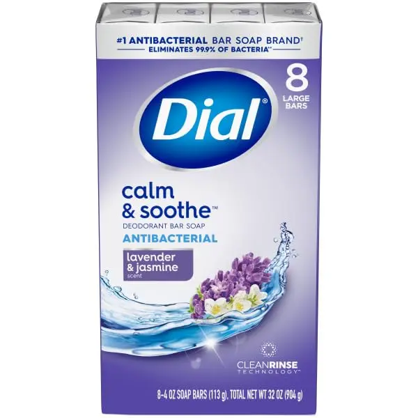Dial Antibacterial Bar Soap, Calm & Soothe Lavender & Jasmine Deodorant Bar, 4oz (8 Bars)