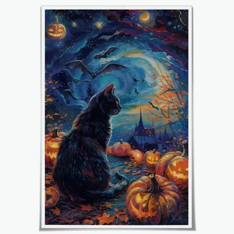 Aluminum Black Cat Pumpkin Halloween Canvas Painting Unframed Wall Art with Bat Castle and Starlight Unique Fall Aesthetic Decor for Living Room