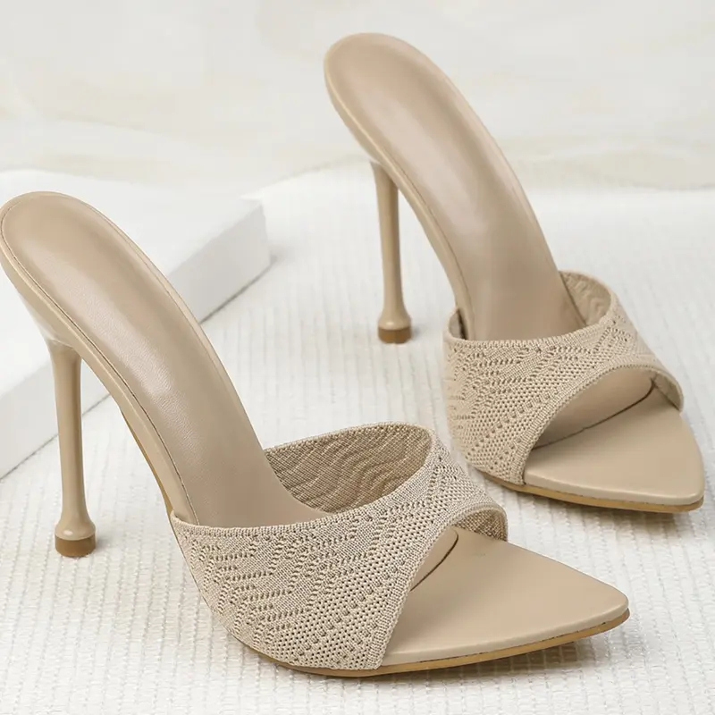 Women's Knitted Pointed Toe High Heel Sandals, Bohemian Trending Sandals, Breathable PU Material, Solid Color Design, CCasual Trendy Sandals, Boho Shoes, Fashion Footwear for Summer