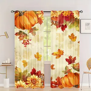 2 Pieces, Fall Harvest Pumpkin and Sunflower Printed Semi-Blackout Curtains - Privacy, Machine Washable, Suitable for Bedroom, Living Room or Glass Door Decor, Rod Bag Design, Warm Fall Colors, Room Curtains | Art Curtain Design