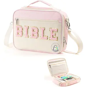 Bible Cover Case for Women, Large Chenille Letter Bible Bag with Shoulder Strap, Pink Bible Carrying Tote Bags for Bible Study Accessories, for Women Lady Teen Grils