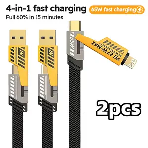 4-in-1 65W Fast Charging Cable 2 Pack, USB A/Type C to C/Lightning Nylon Braided Multi Charger Cord for iPhone Samsung iPad Laptop